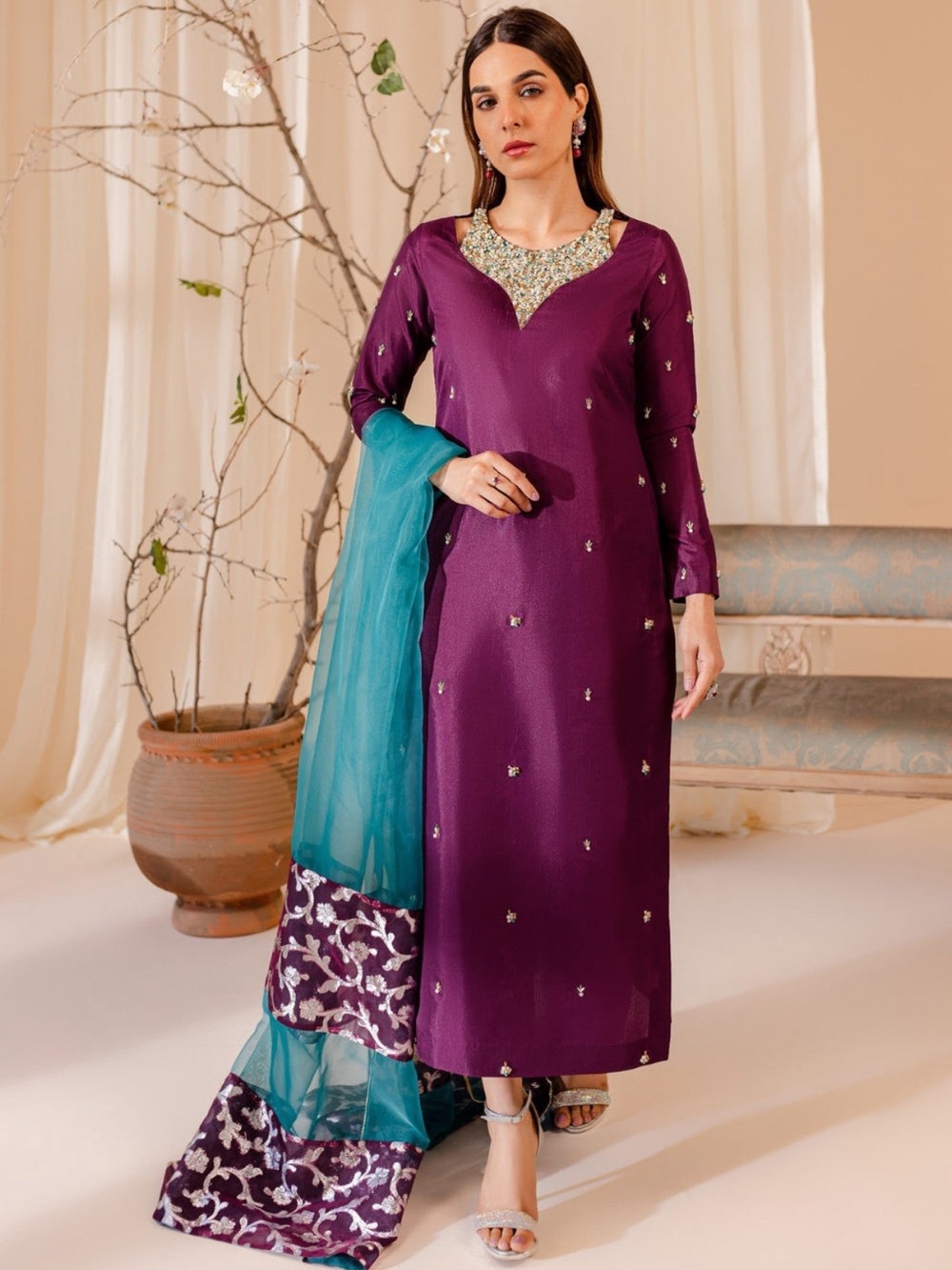 Brand new. Allure by lh Purple Long Sleeve Salwar with Teal Embroidered Dupatta